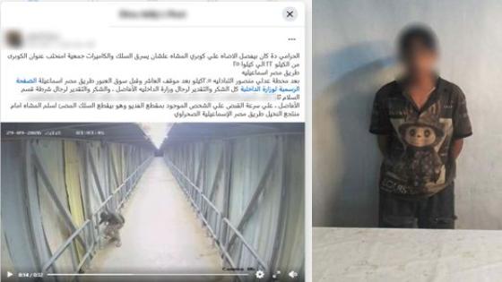 ضبط عاطل حاول سرقة أسلاك كهرباء وكاميرات مراقبة من أعلى كوبري مشاة بالسلام